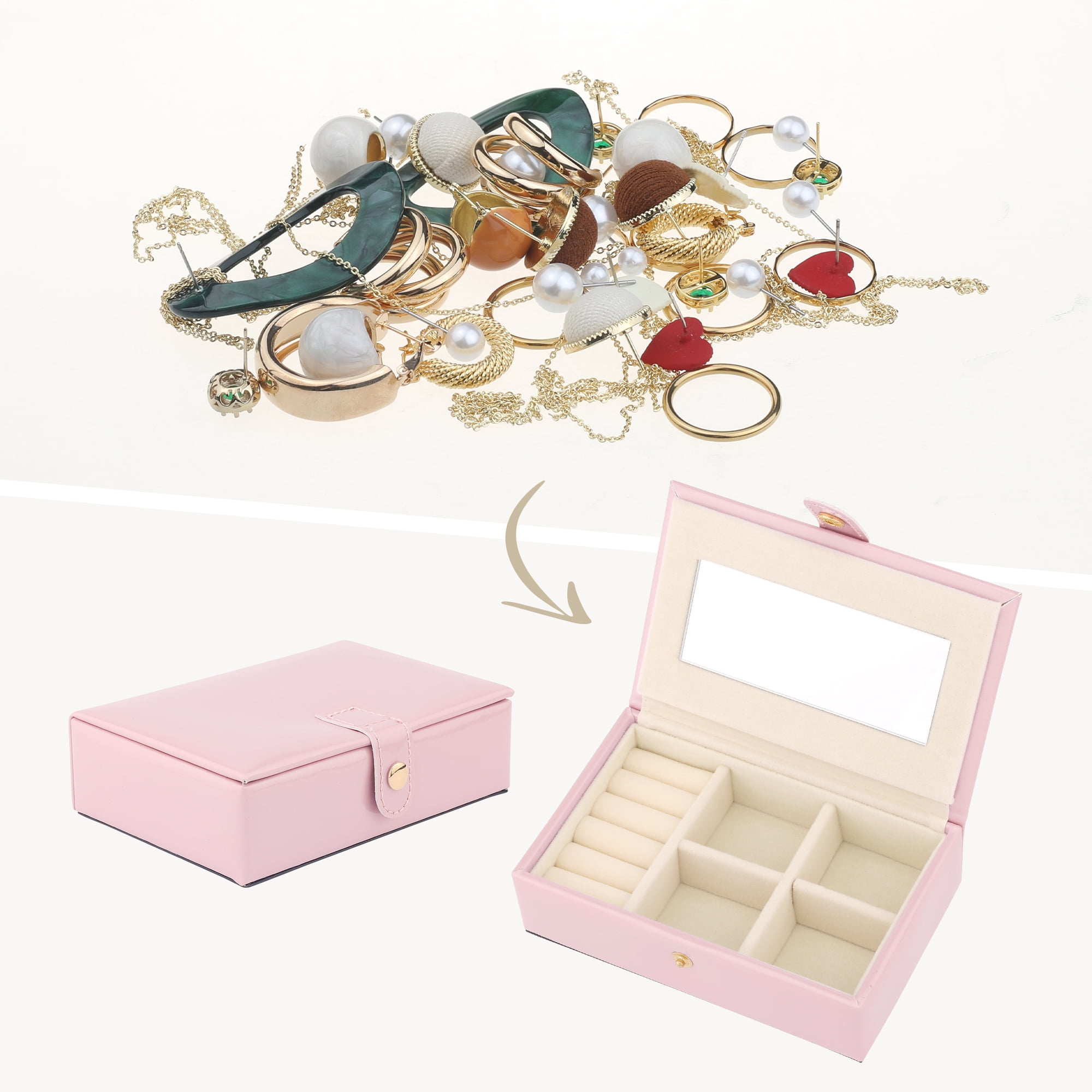 Unique Bargains Travel Jewelry Box Portable Organizer Case with Mirror Pink