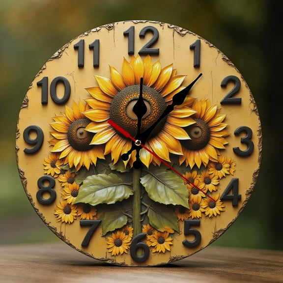 Wall Clock Decorative - Rustic Yellow Sunflower Print 2D Vintage Wall Clocks Battery Operated Silent Non-Ticking for Bedroom, Living Room, Kitchen, Office, Classroom, 10 Inch