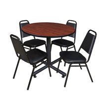 Kobe 42in. Round Breakroom Table- Cherry & 4 Restaurant Stack Chairs- Black