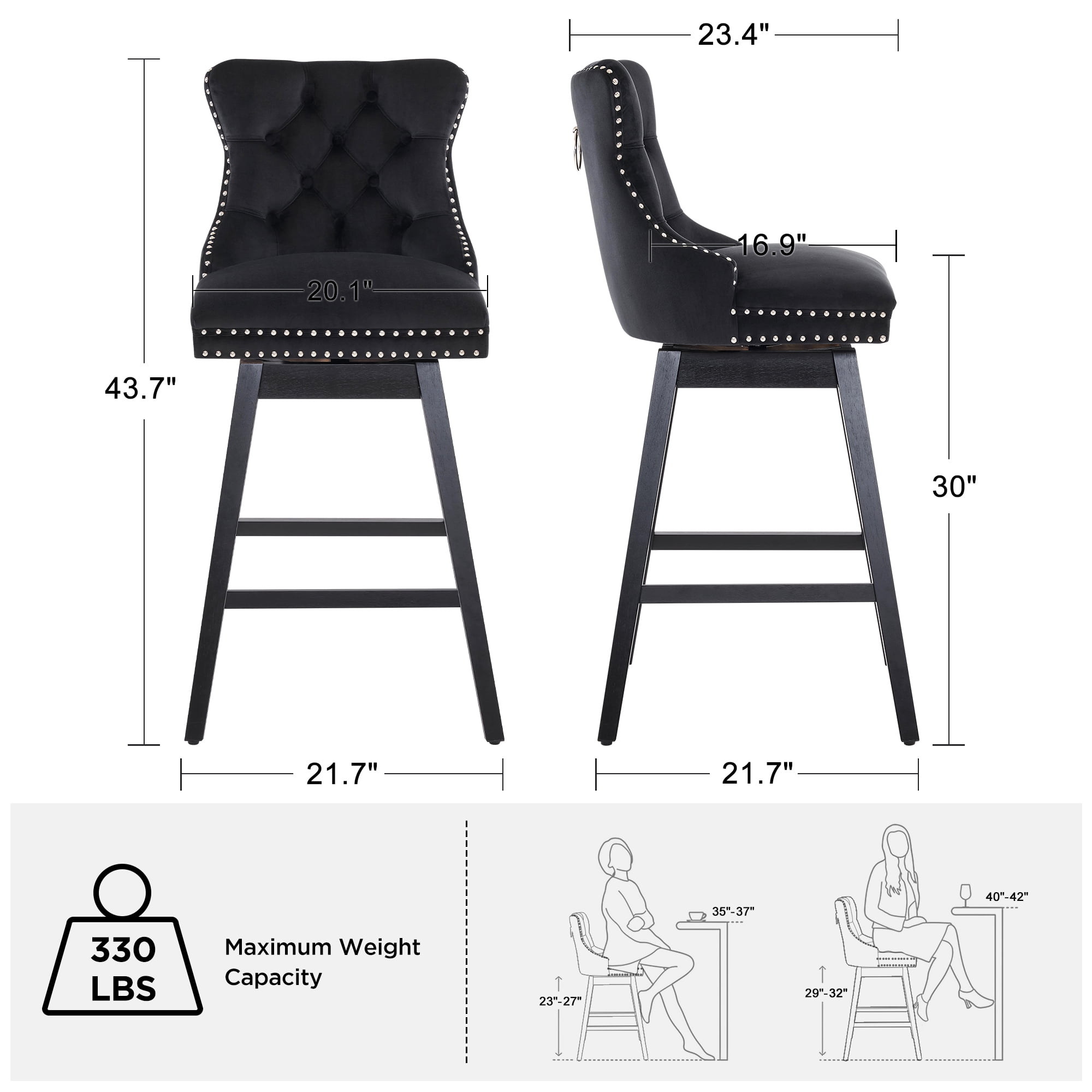 TEWLOSS 30" Swivel Bar Height Bar Stools with Back Set of 2, Black Velvet Kitchen Stools
