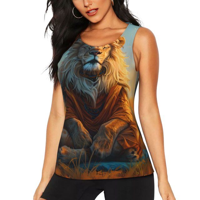 Balery Prairie Meditating Lion Camiseta sin mangas estampada ligera para mujer, tops de entrenamiento sin mangas, camisetas de yoga transpirables de secado rápido.-X-Large
