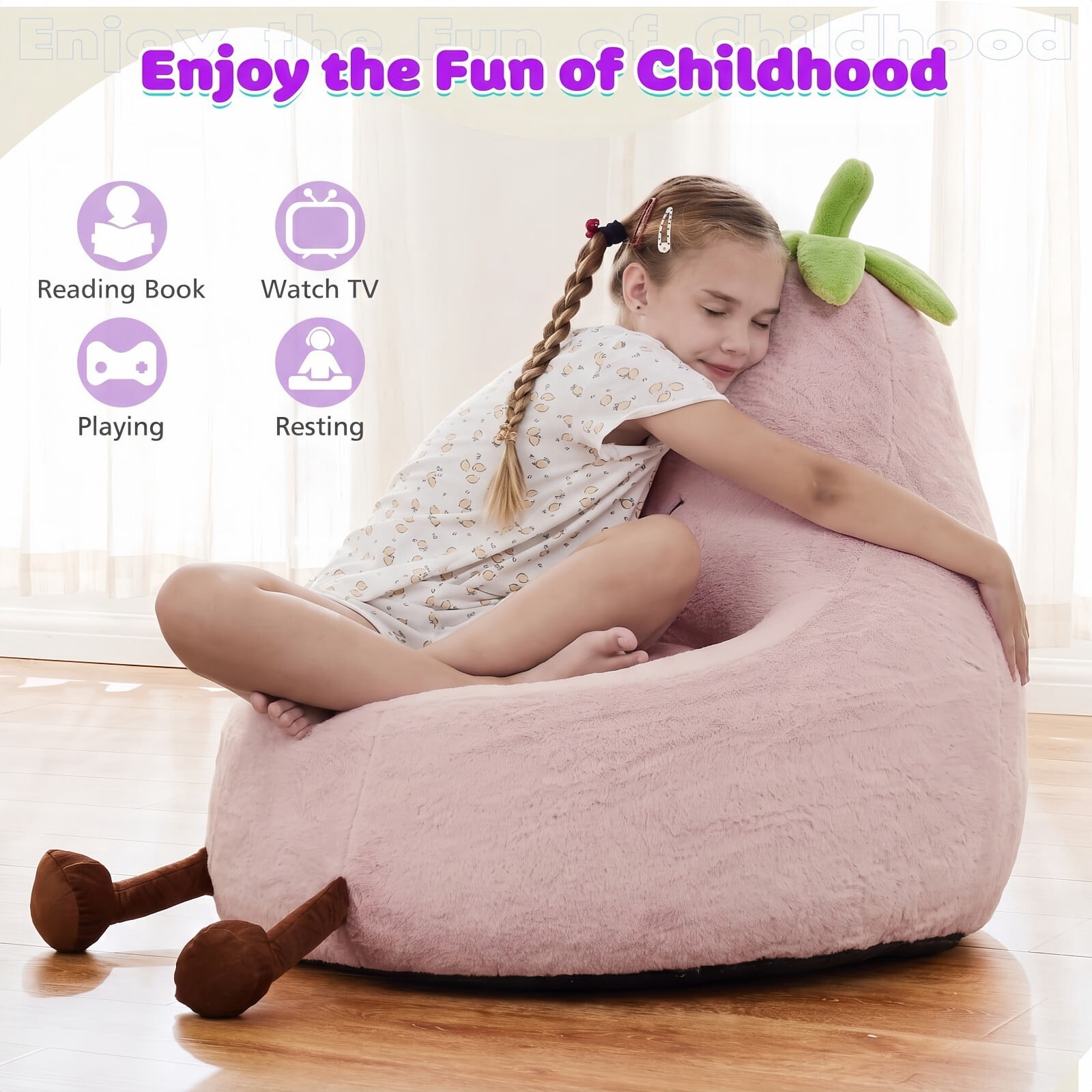 Kelno 24" Kids Bean Bag Chair Faux Rabbit Fur Lazy Chair Toddler Couch, Pink