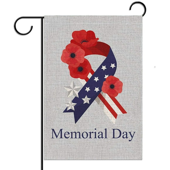 Linen Memorial Day Garden Flag Strip and Star Corn Poppy Patriotic Vertical Double Sized Yard Outdoor Decoration