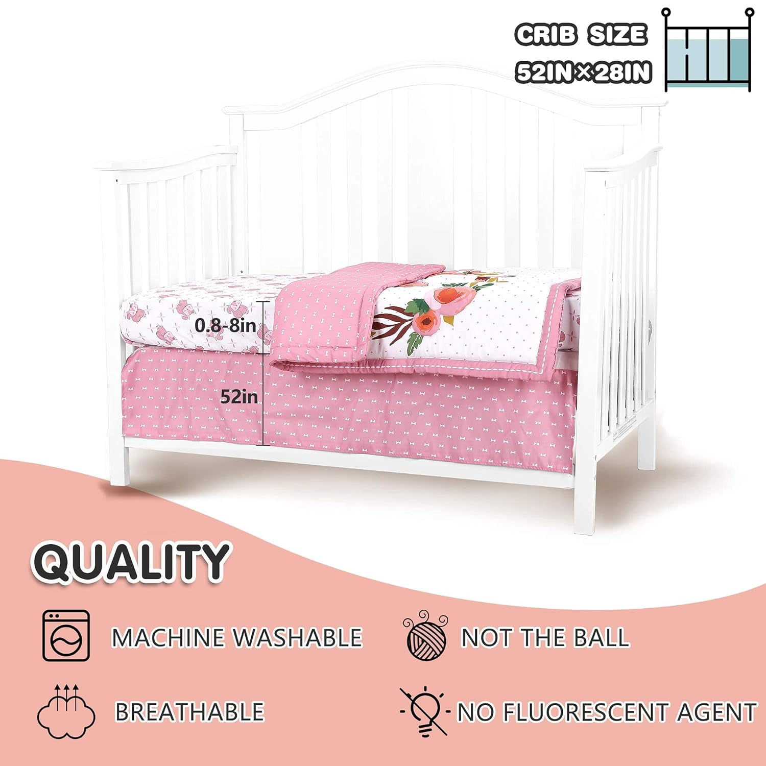 Sweet Baba Pink & White Crib Bedding Sets for Girls 3 Pcs, Squirrel Baby Crib Bedding Set Including Crib Quilt/Crib Skirt/Crib Sheet