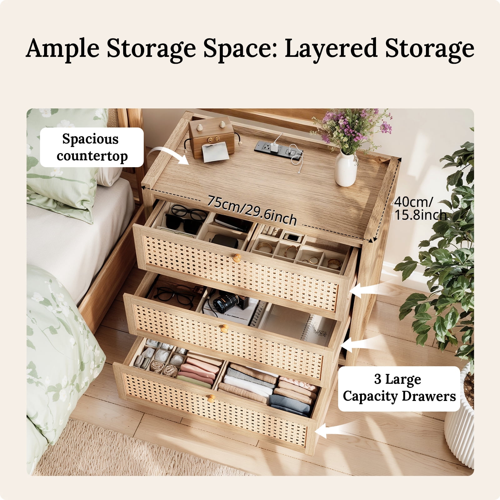 LGHM 29.5"W Nightstand Set of 2 with 3 Drawers & Charging Station, Dresser for Bedroom, Farmhouse Rattan Bedside Table Night Stands, Boho Side Tables, Oak