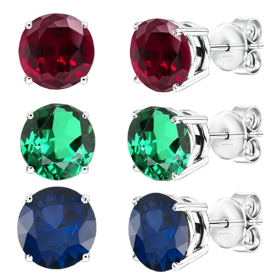 Set of Three Sterling Silver with Ruby, Emerald and Blue Sapphire Stud Earrings