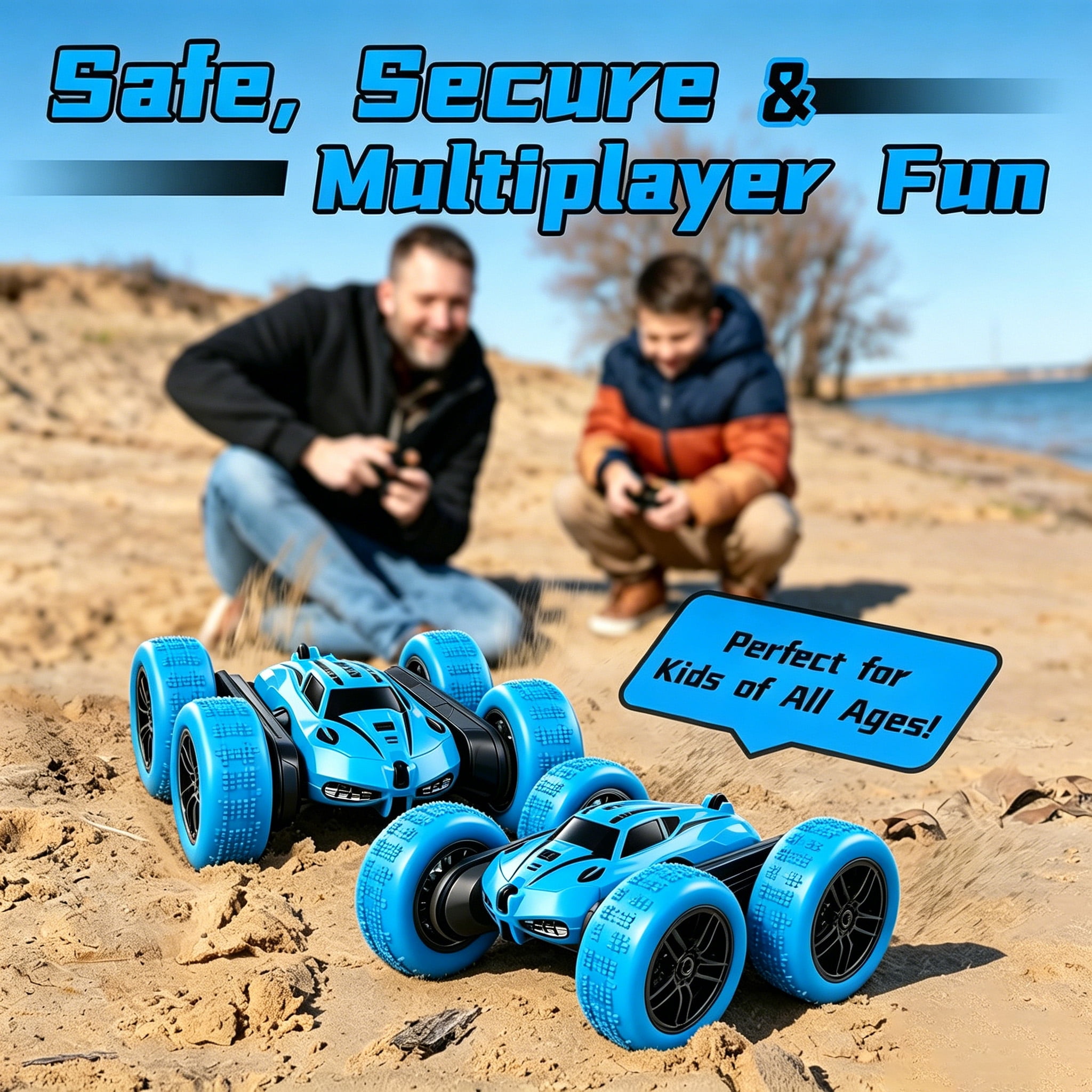HNH Remote Control Stunt Car, 4WD 360° Flip Double‑Sided RC Cars Toys for Kids Ages 4-12, 2 Batteries, Blue