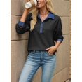 thumbnail image 4 of Women's Denim Contrast Collar Raglan Loose Long Sleeve Quarter Button Knit Top Black S, 4 of 10