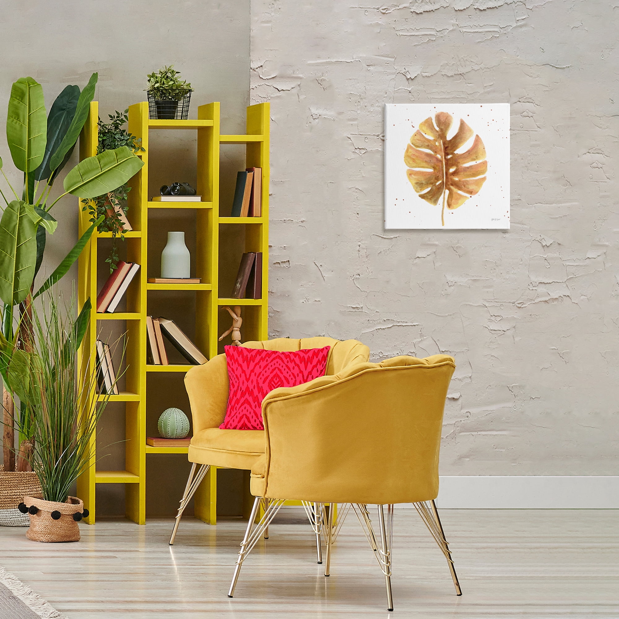 Stupell Industries Golden Palm Leaf Botanical & Floral Painting Gallery Wrapped Canvas Art Print Wall Art, 17 x 17
