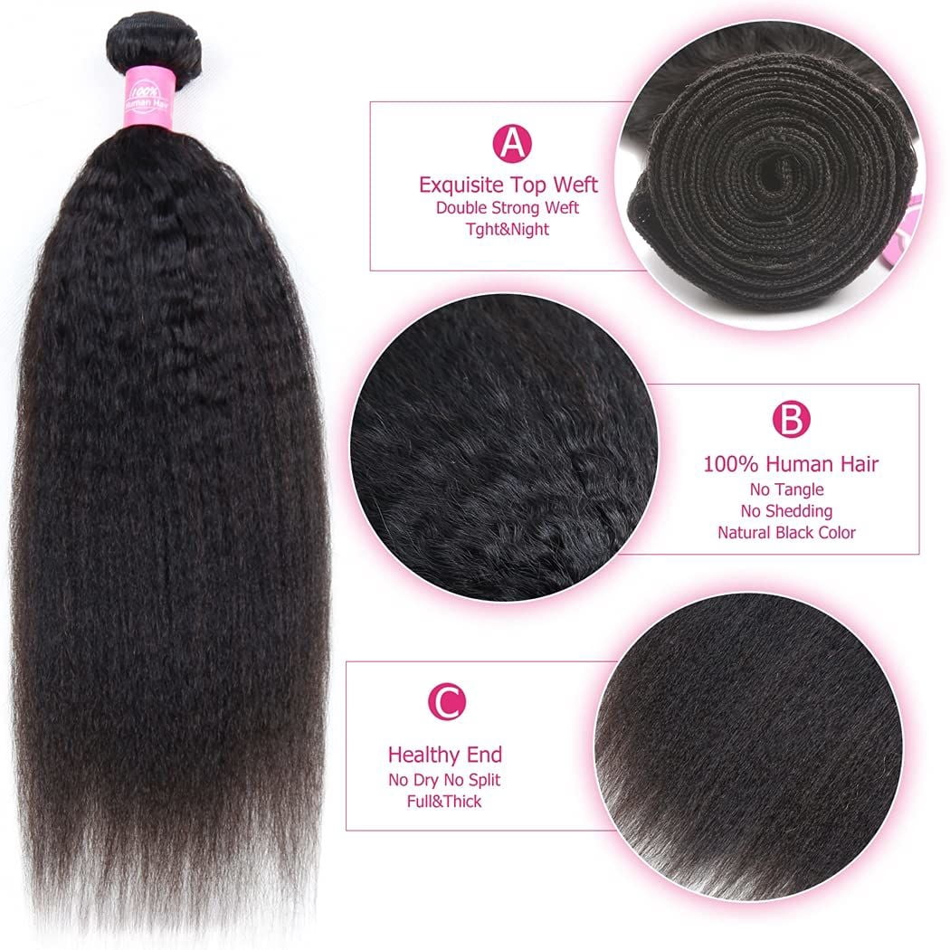 Kinky Straight Human Hair 10A Grade 1 Bundles Unprocessed Brazilian Yaki Straight Human Hair Bundles Sew in Hair Extensions Natural Black (24inch)