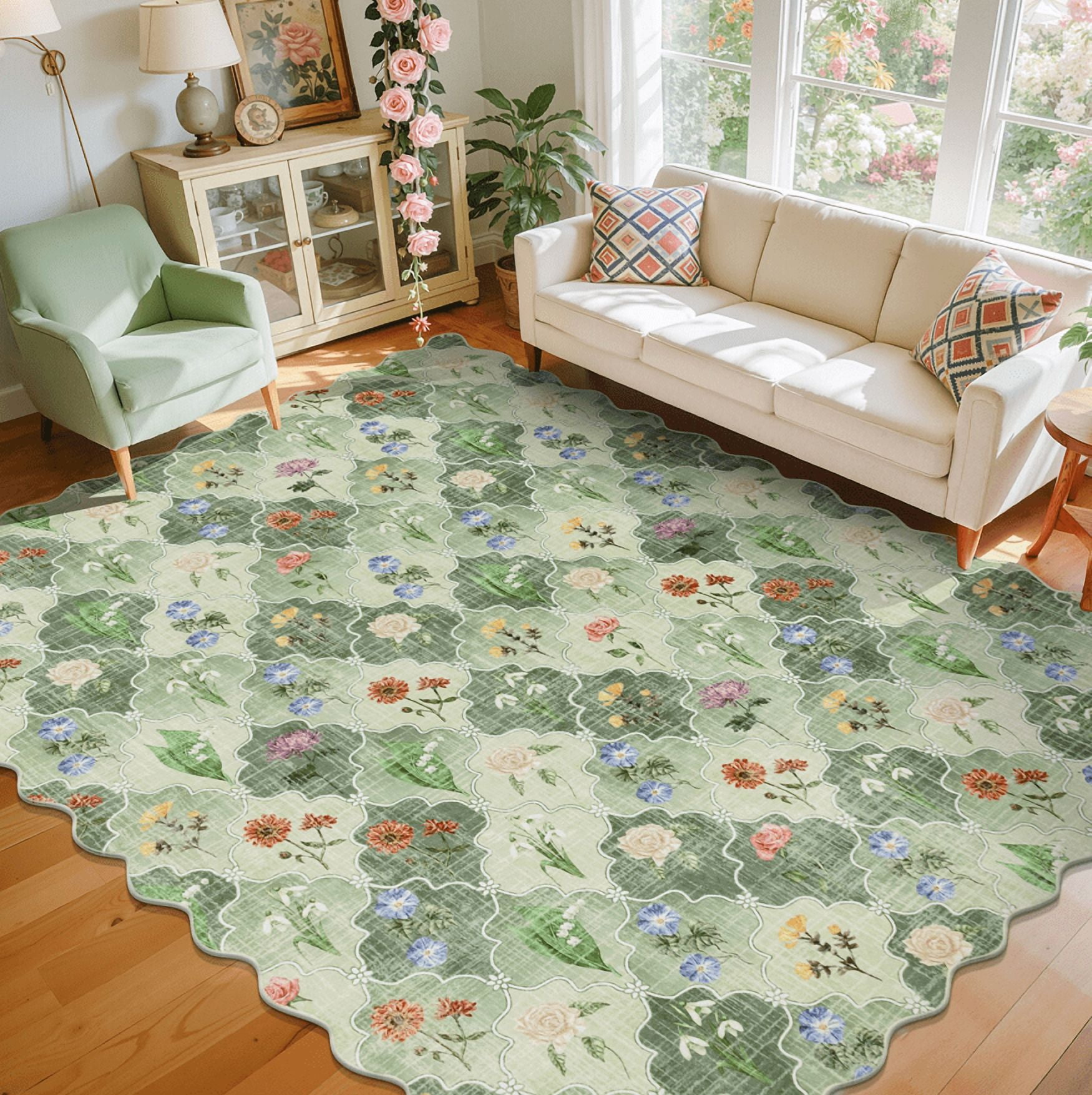 MJIAexp 8x10 Floral Moroccan Washable Area Rugs for Living Room,Soft Bedroom Large Rug,Non Slip Dining Room Rug, Stain Resistant Boho Rugs Easy Clean Throw Carpet for Office