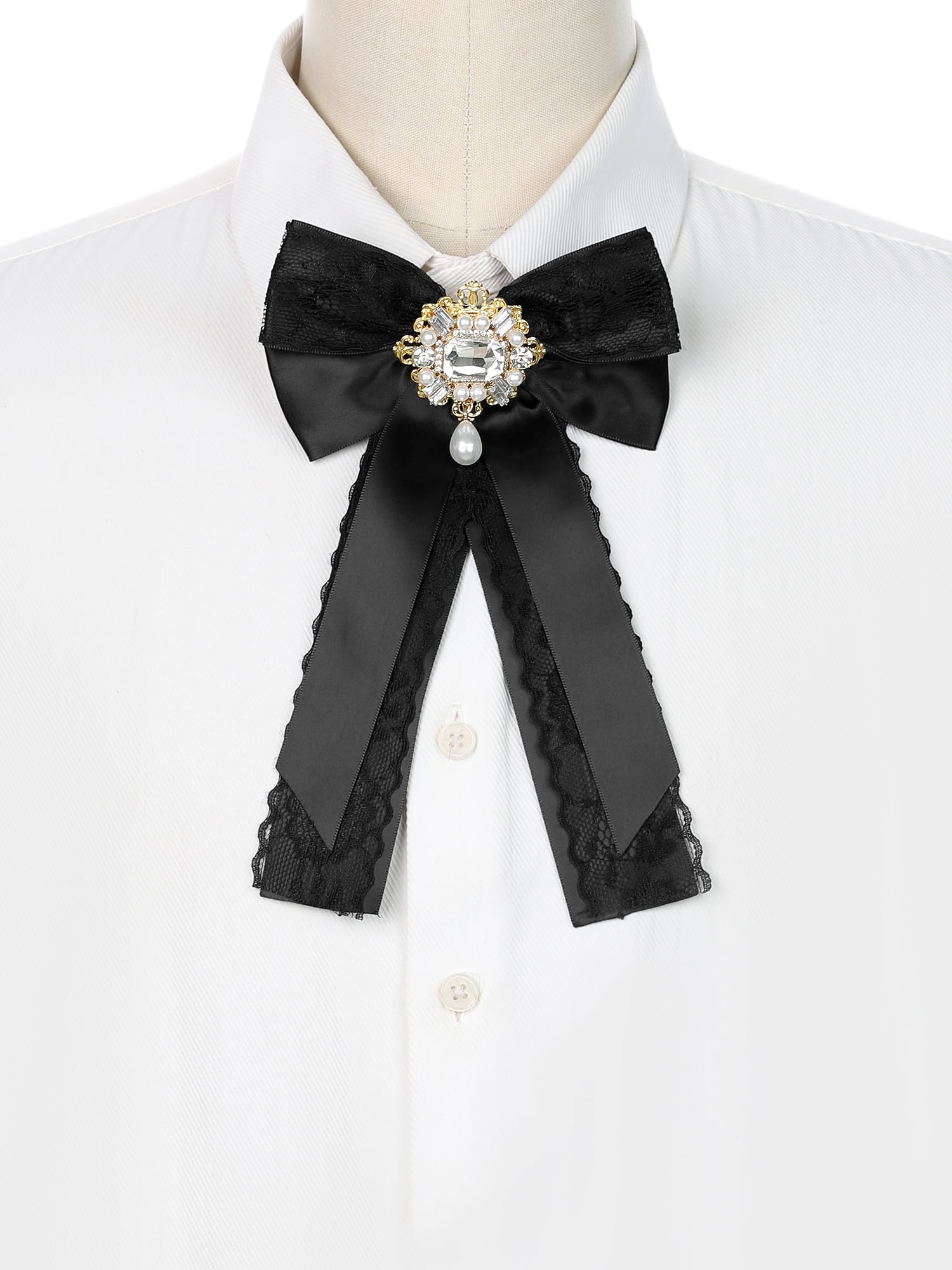 DARING DIVA Women's Black Lace Trimmed Ribbon Pre-tied Bow Tie Black