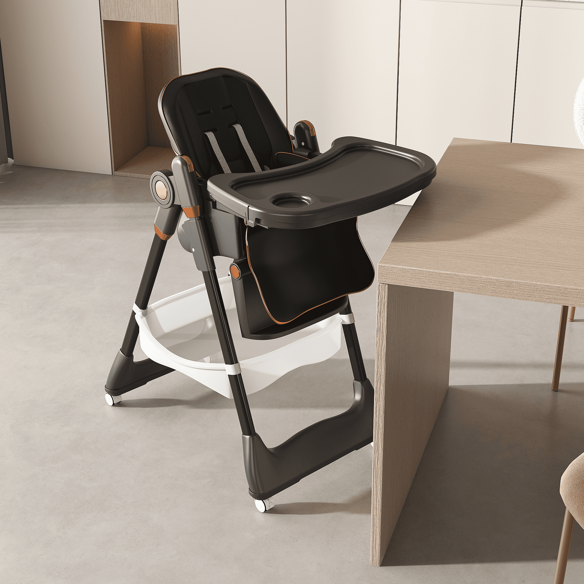 Adjustable Baby High Chair 0-6 Years, Portable Infant Feeding Seat with Safety Belt, Silent Lockable Wheels & Easy-clean Design for Home, Dining, Living Room, Bedroom (Black)