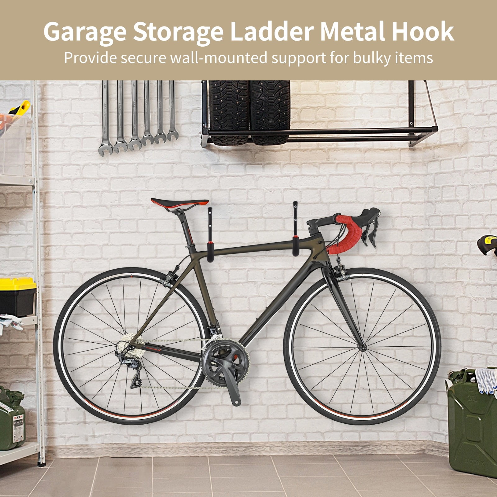 4 PCS Garage Storage Ladder Hooks, 9.8 in Wall Mount Utility Hooks, Heavy Duty Carbon Steel Storage Hangers with EVA Padding, Garage Wall J Hooks for Ladders Bikes Tools Holds up to 100 lbs
