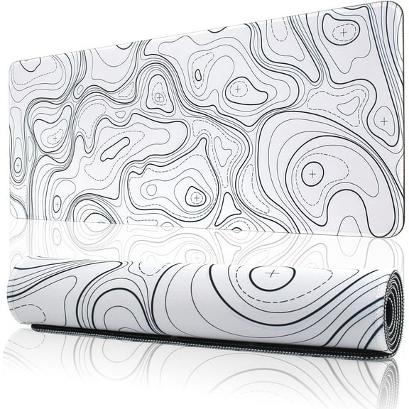 11.8x31.5 Inches Topographic Contour Large Gaming Mouse Pad Mat with Stitched Edge Non-Slip Rubber Base Washable Resilient for Office Computers Laptop Table Mouse Pads Mats Accessory (White-3)