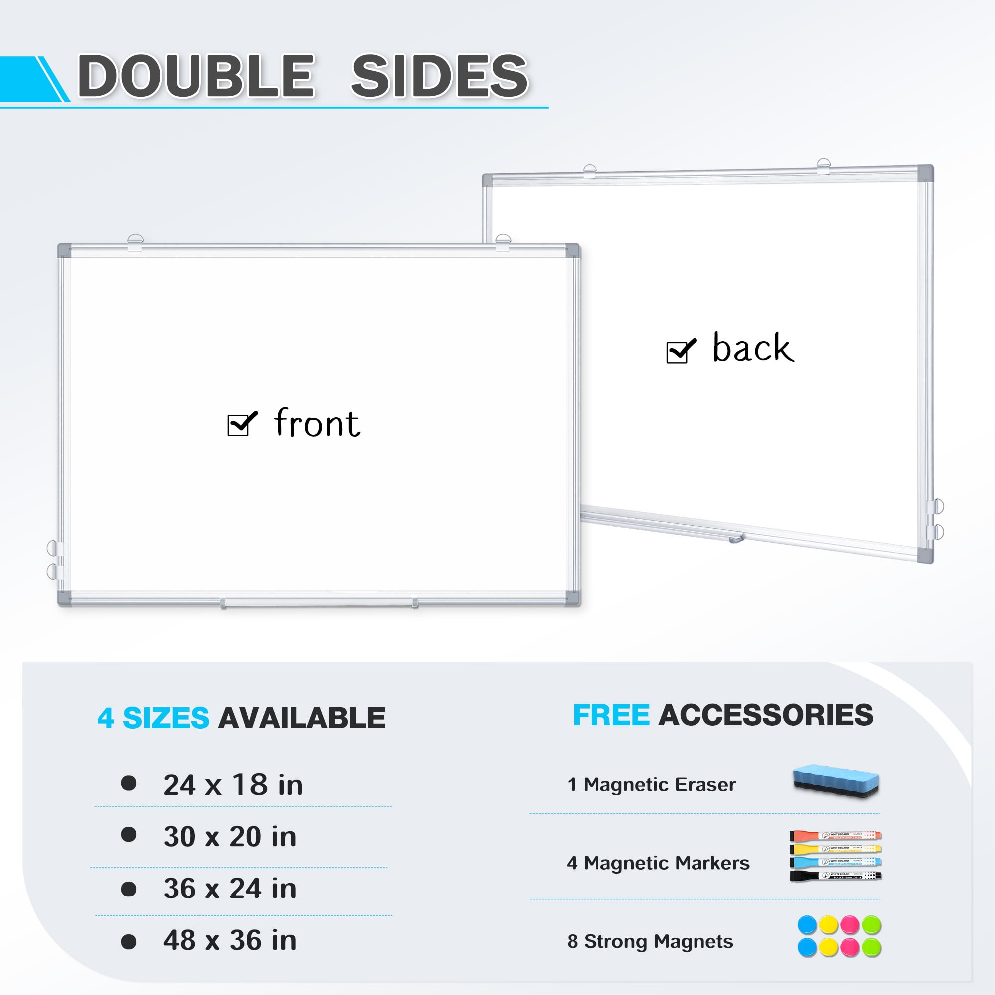 DOLLAR BOSS Magnetic Whiteboard Dry Erase Board 24“x18” Double-Sided Whiteboard for Wall Writing Board for Office Home School , Includes 1 Eraser & 4 Markers & 8 Magnets, Silver Aluminium Frame