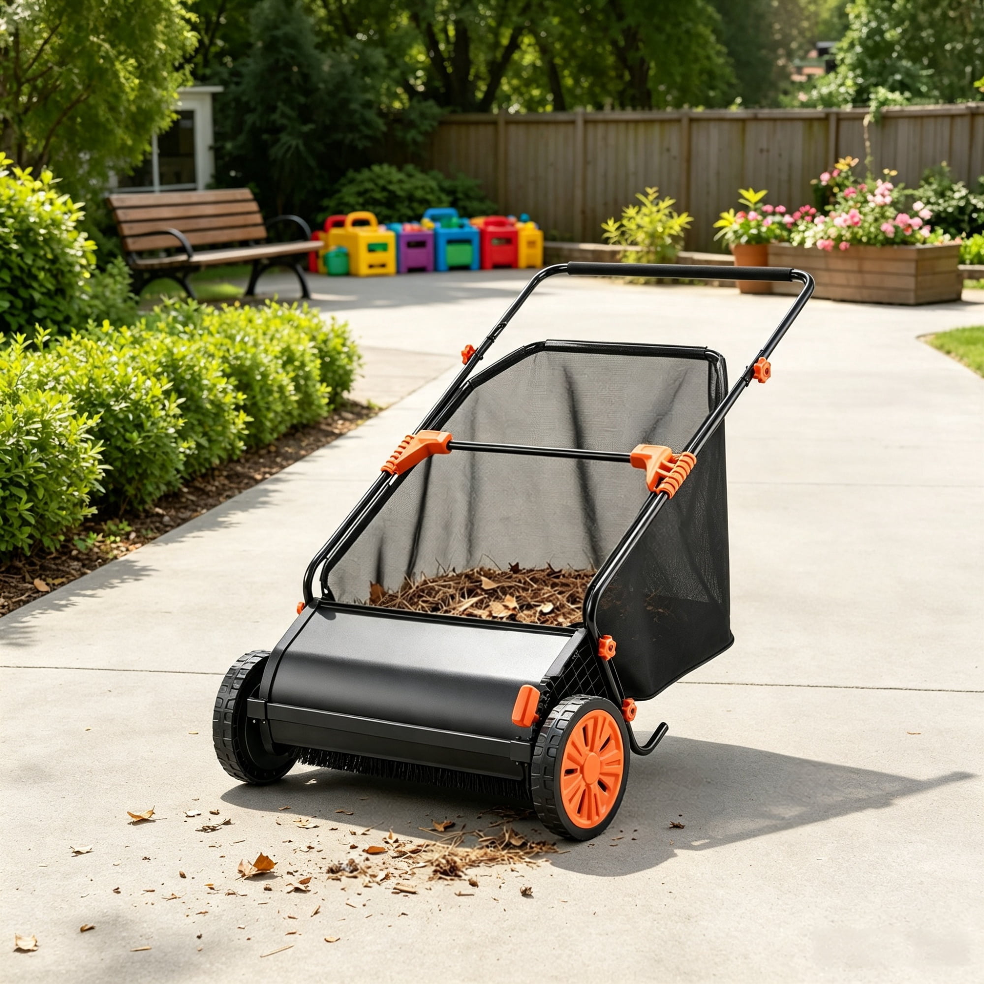 26" Push Lawn Sweeper, 7 cu. ft. Leaf & Grass Collector with Adjustable Brush Height & Rubber Wheels
