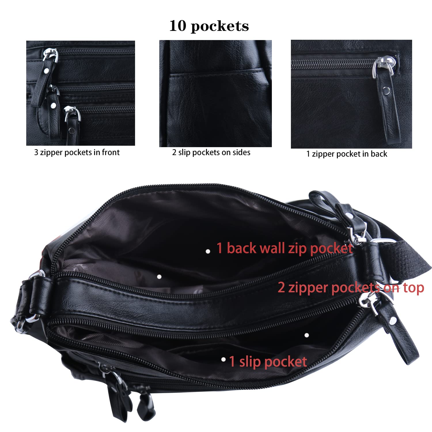 Ailongcity Crossbody Purse, Multi-Pocket, Medium, Black photo 8