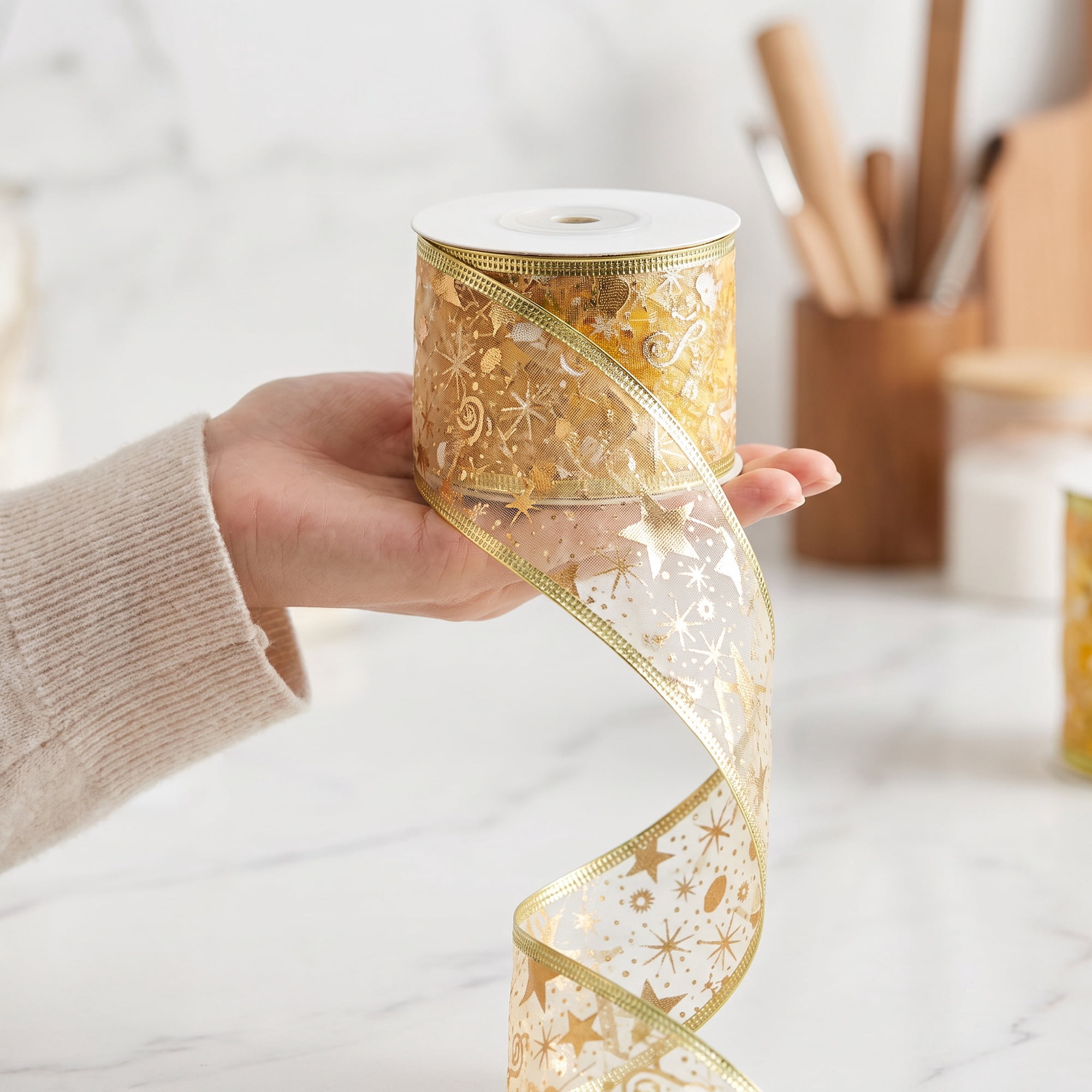Unique Bargains Star Pattern Fabric Ribbon for Decoration Projects Yellow 9.8 Yard