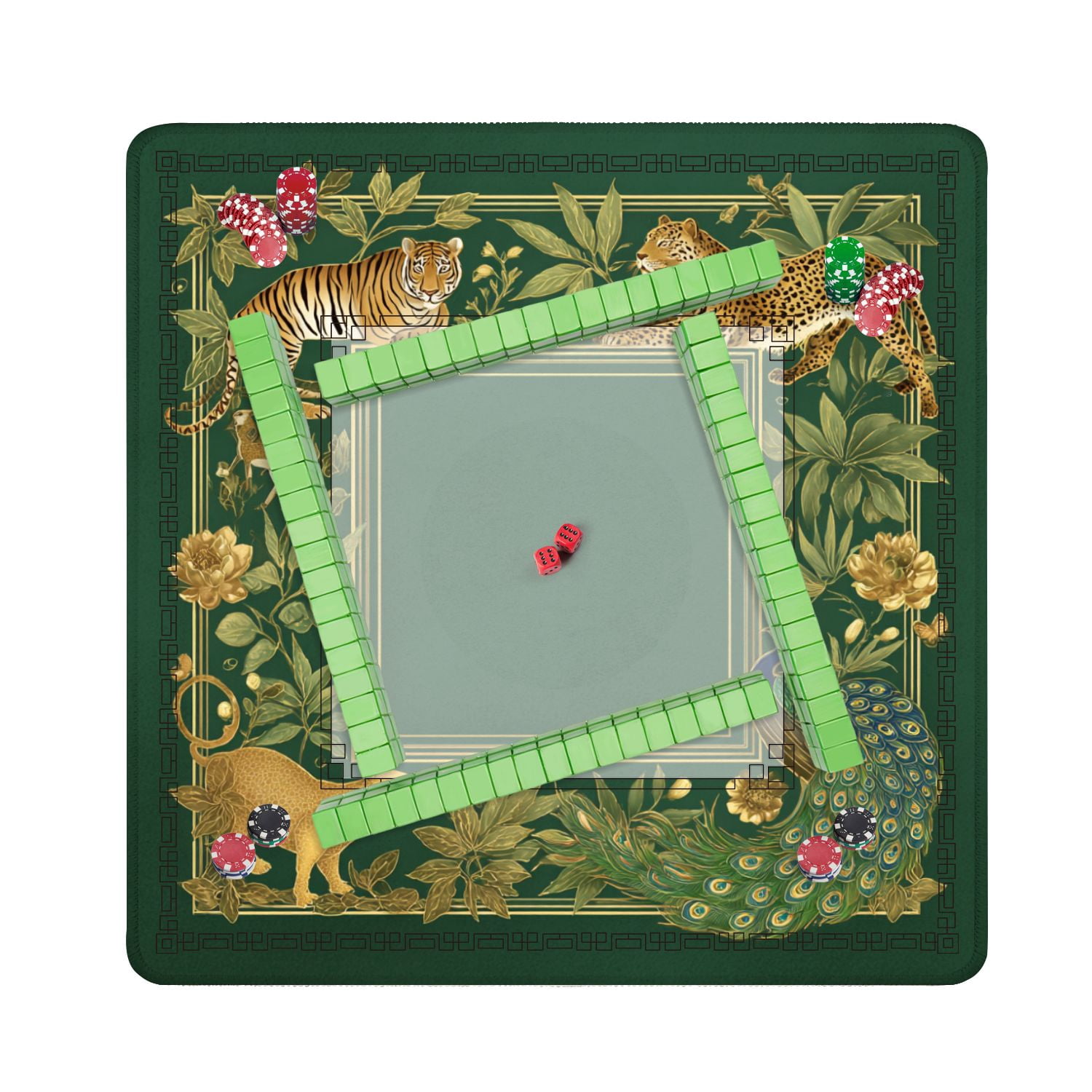 Mahjong Mat 31.5" x 31.5" Tropical Jungle Wildlife Tiger Leopard Peacock Golden Frame Non-Slip Noise Reduction American Mahjong Tiles Table Cover for Dominoes Poker Card Board Games Gift