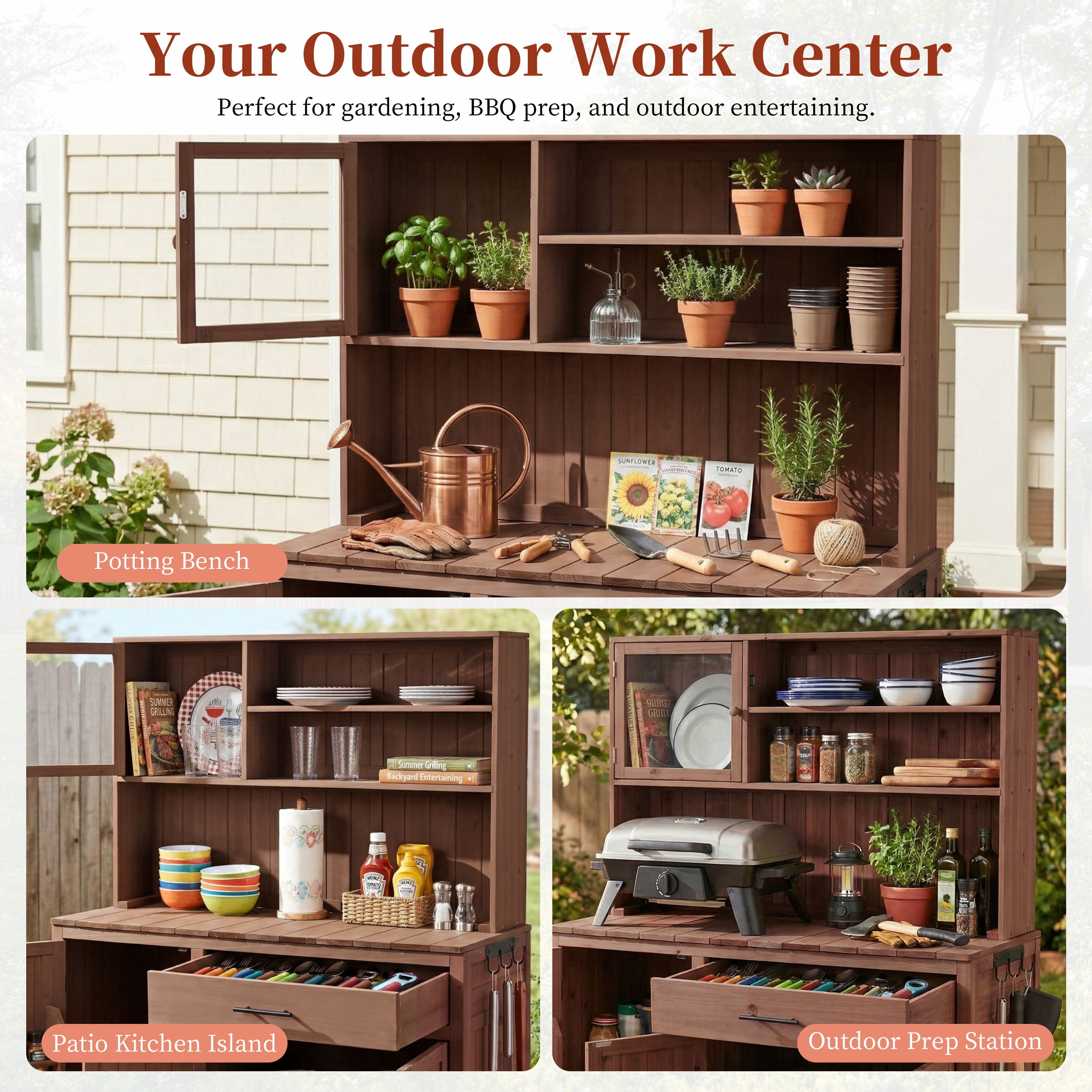 Mintazer 65" Outdoor Potting Bench with Drawer & Cabinets, Garden Workstation with Hutch & Spice Rack, Patio Kitchen Island with Adjustable Shelves & Side Hook, Brown