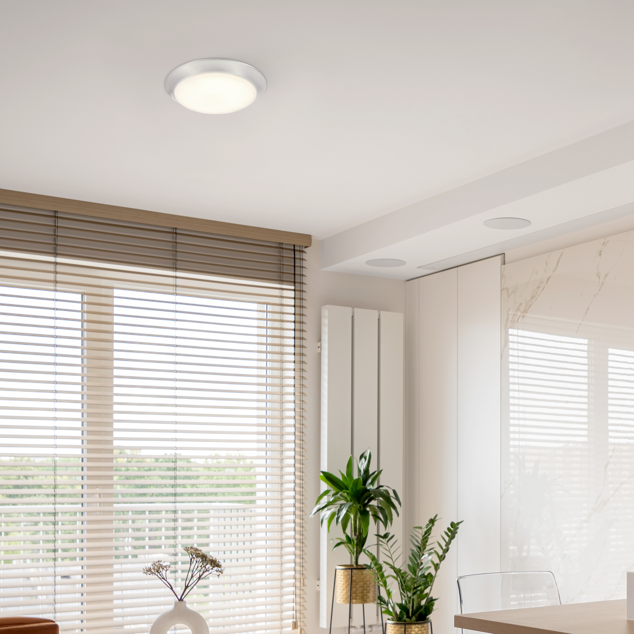 Maxxima 7 in. Satin Nickel Slim Round LED Flush Mount Ceiling Light Fixture, LED Disk Light 900 Lumens, Warm White 3000K Dimmable Dome Closet Light, Suitable for Pantry, Mudroom, Foyer and Hallway