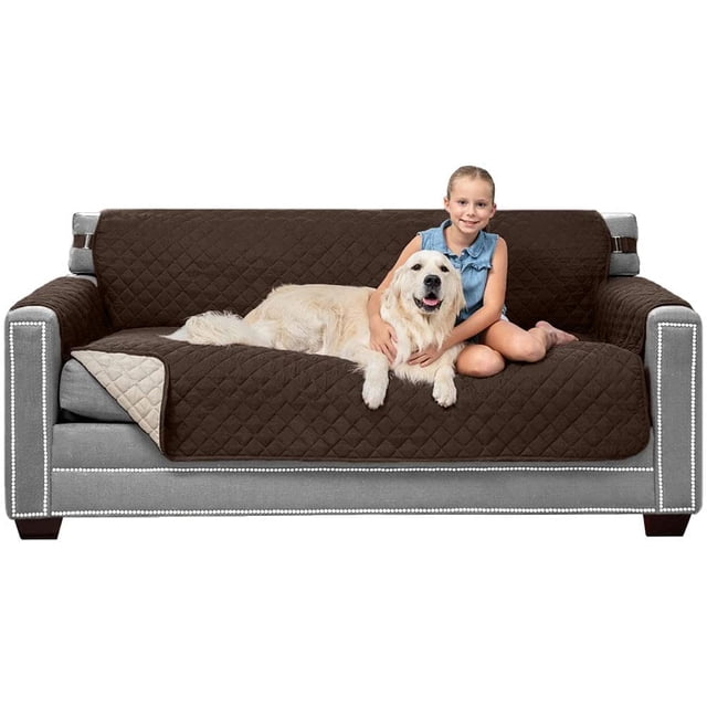 Original Patent Pending Reversible Large Sofa Protector, Many Colors, Seat Width to 70 Inch, Furniture Slipcover 2 Inch Strap, Couch Slip Cover Throw for Pets, Dogs, Cats, Chocolate Beige
