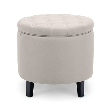 Belleze Nailhead Round Tufted Storage Ottoman Large Footrest Stool Coffee Table Lift Top, (Gray / Beige / Blue)
