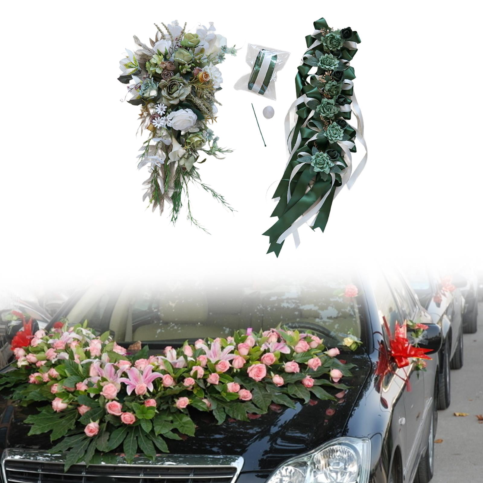 Tachiuwa Wedding Car Decoration Set Artificial Flowers Easy Installation Elegant Wedding Car Ribbons and Bows for Ceremony Accessories Green