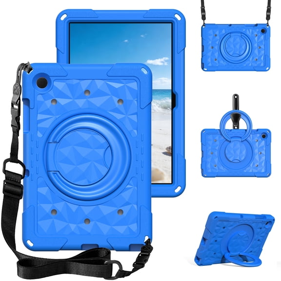 Dteck Case for Samsung Galaxy Tab A11 11 Inch 2025 (X230/X236B)/A9 Plus 2023 (X210/X216/X218),Shockproof EVA 360 Rotating Kickstand Hand Grip Silicone PC Case Cover with Shoulder Strap,Blue