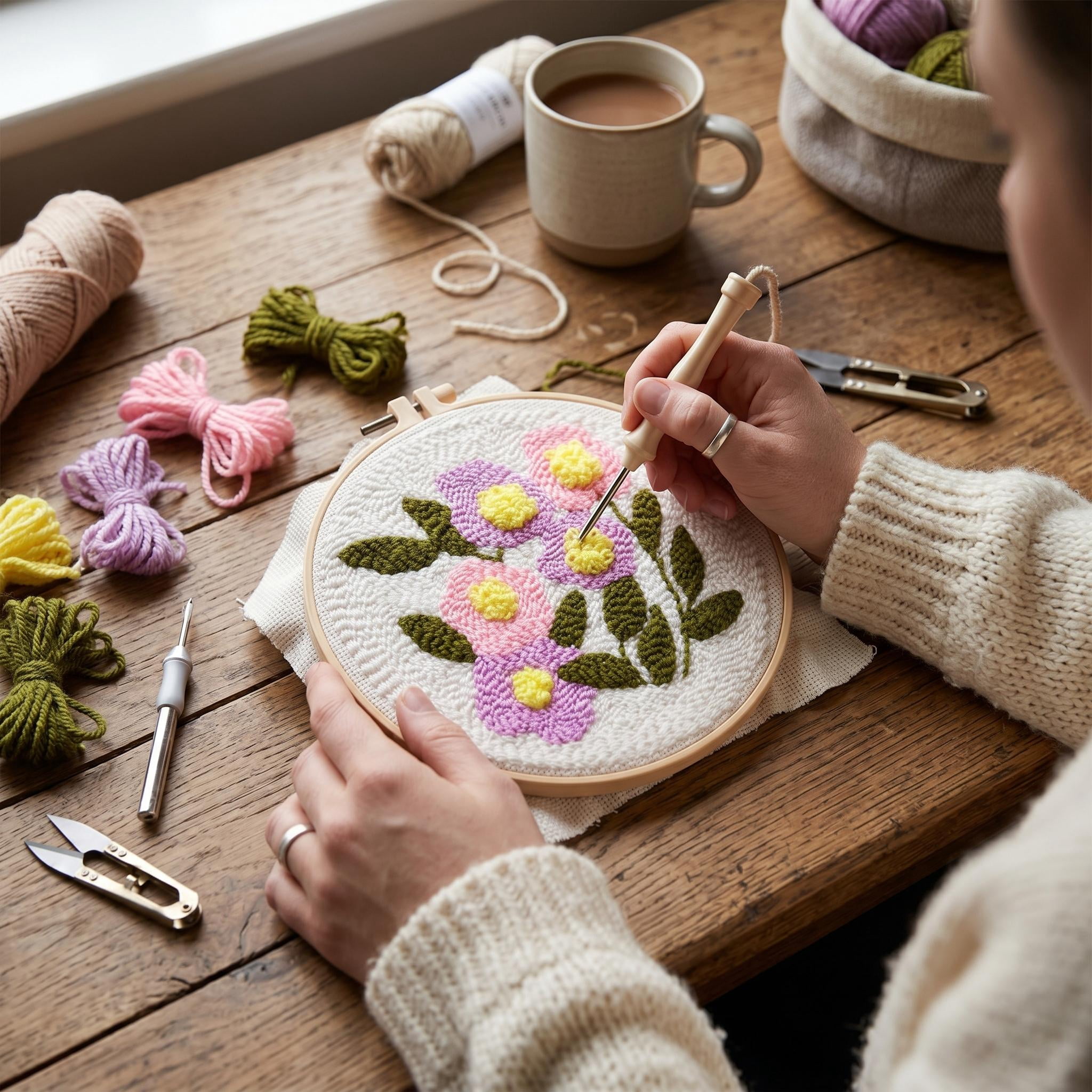 Flower Punch Needle Embroidery Kit for Beginners, DIY Cross Stitch Starter Set with Patterned Fabric, Yarn, Embroidery Hoop, Complete Handcraft Kit for Adults, Home Wall Decor Gift