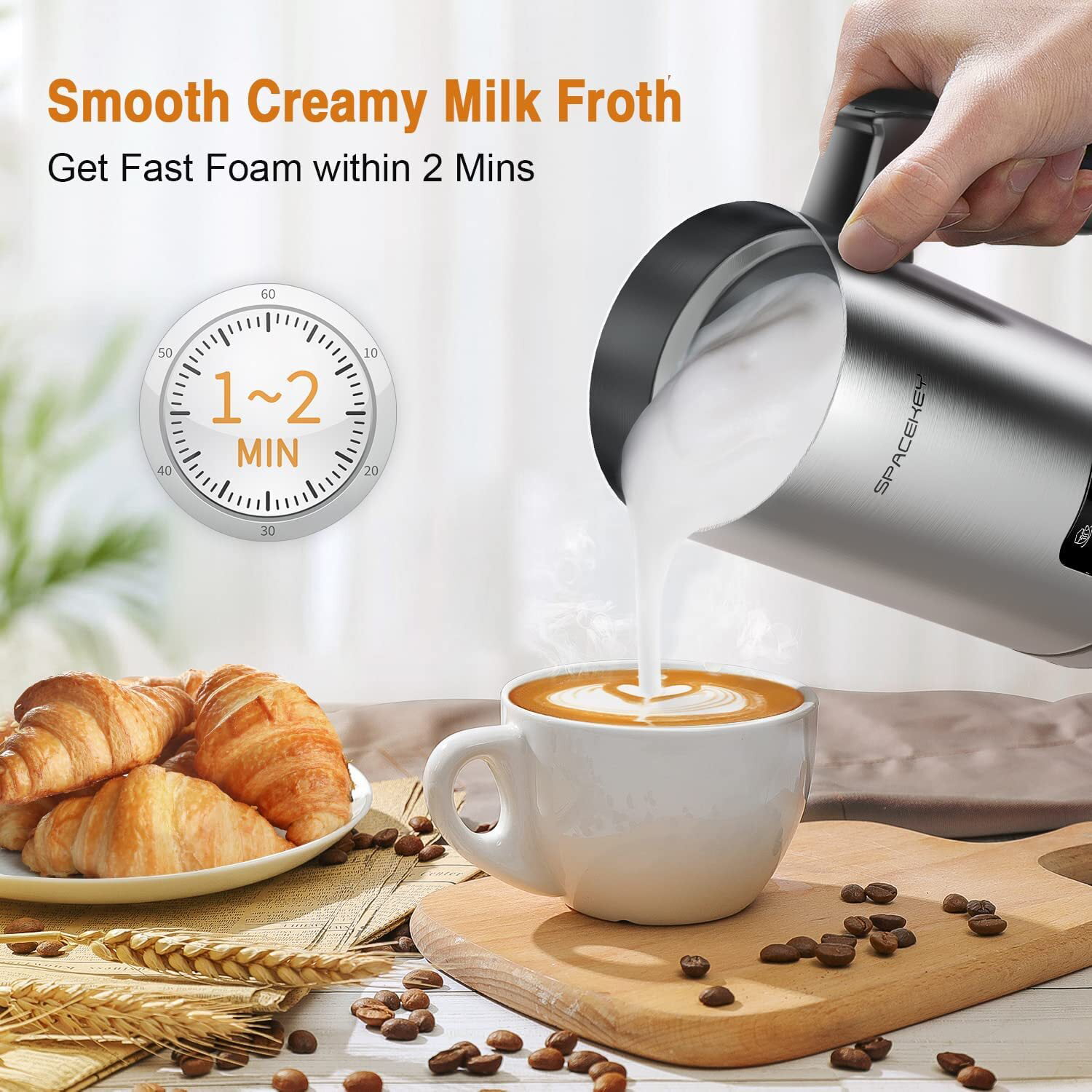 RATRSO Milk Frother Electric Milk Steamer Soft Foam Maker with Two Whisks for Frothing and Heating Milk 4 in 1 Multifunction for Hot & Cold Froth
