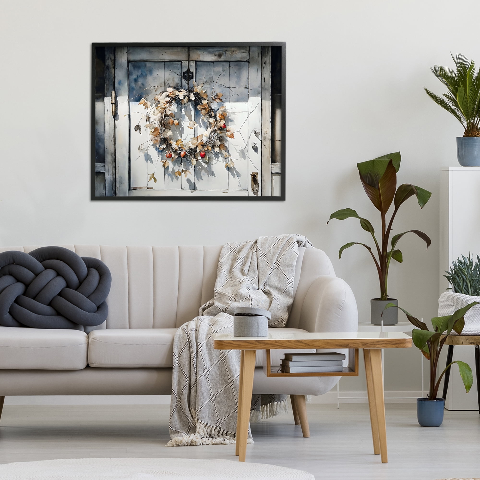 Stupell Industries Rustic Wreath on White Door Black Framed Giclee Art, design by Franklyn Gregory