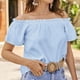 thumbnail image 2 of Top de verano para mujer, Top informal holgado con hombros descubiertos, manga corta, Top con ribete de volantes para mujer, azul claro XXL, 2 of 6