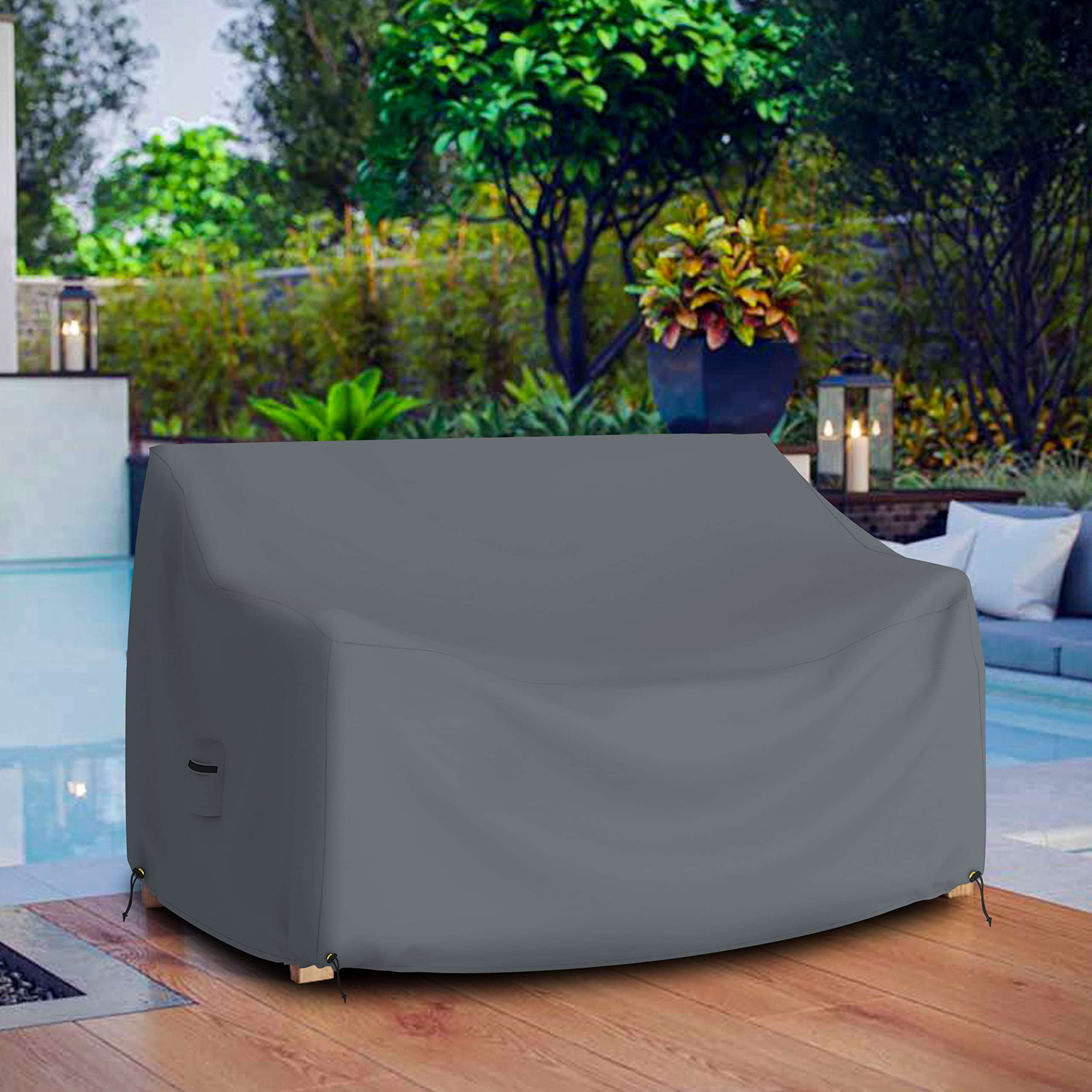 COVERS&ALL Outdoor Loveseat Sofa Cover, 12 Oz Waterproof UV & Weather Resistant Patio Furniture Bench Cover Outdoor Use with Air Vent & Drawstrings (70"W x 35"H x 38"D x 15"FH, Grey)
