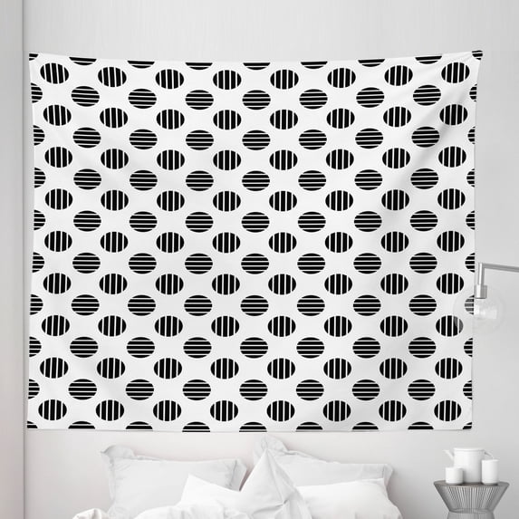 Abstract Tapestry, Minimalist Circles with Vertical and Horizontal Inner Lines, Fabric Wall Hanging Decor for Bedroom Living Room Dorm, 5 Sizes, Charcoal Grey and White, by Ambesonne