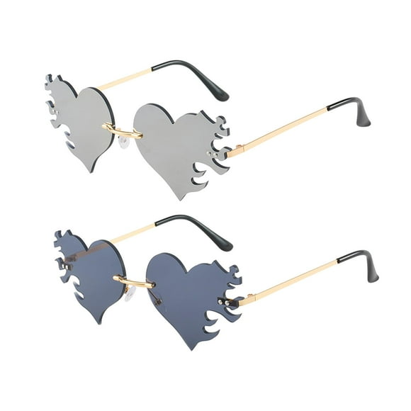 Gafas de sol creativas sin montura con forma de corazón y llama, ideales para fotos al aire libre. En blanco y negro