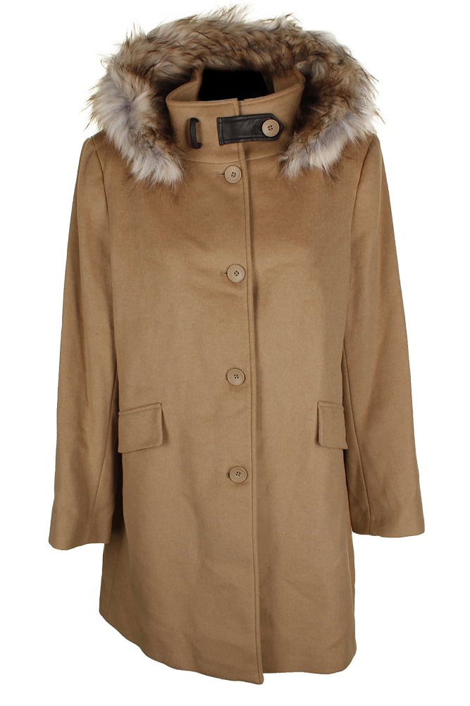 DKNY - Dkny Camel Brown Faux-Fur-Trim Full Button Hooded Coat XL ...