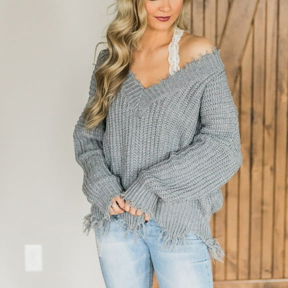 VerPetridure Off Shoulder Knitted Sweaters for Women Clearance Loose Long Sleeve V Neck Pullover Sweaters Cold Shoulder Shirts Outwear Jumper Tops