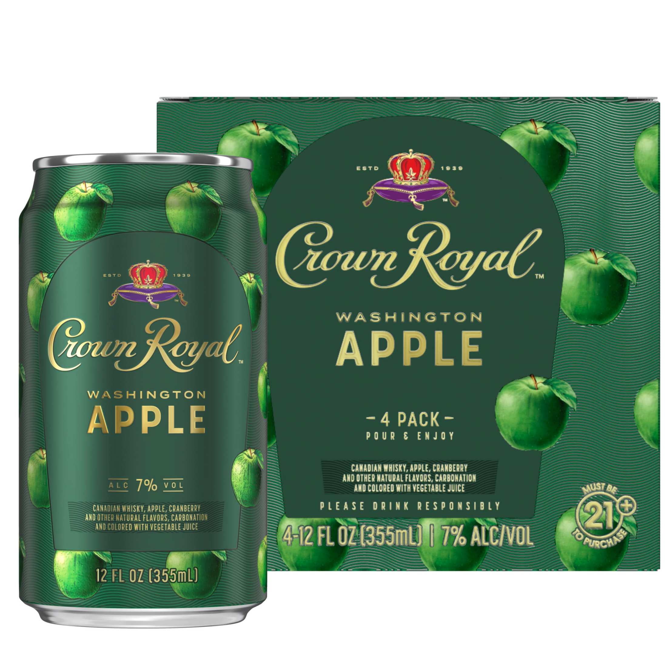 Crown Royal Washington Apple Canadian Whisky Cocktail, 4-PACK (4 x 12 fl oz), 7% ABV