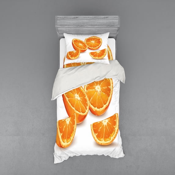 Ambesonne Nature Bedding Set 3 Pcs, Citrus Orange Tangerine Art, Twin, Marigold and White