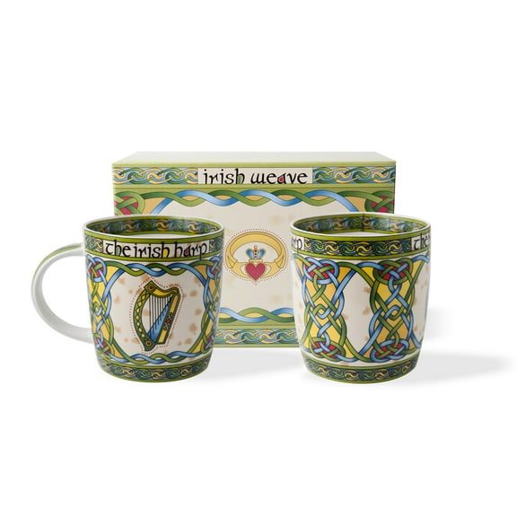 ROYAL TARA Irish Mugs Set of Two Cups - The Irish Harp - Made of New Bone China 325 ml/11 fl oz, Green Color Designed in Ireland