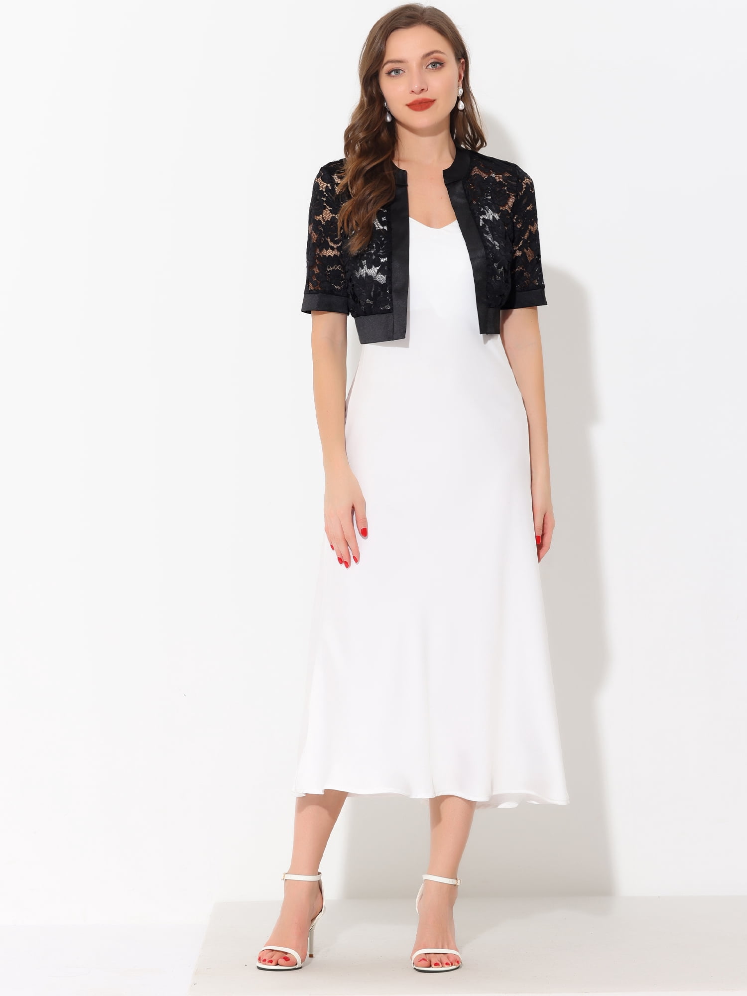 DARING DIVA Women's Lace Shrug Bolero Satin Panel Crop Cardigans L Black