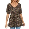 thumbnail image 1 of Camiseta con cuello en V para mujer, mangas abullonadas, camiseta con estampado suave y cómodo para compras diarias, 1 of 6