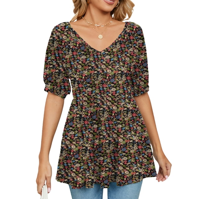 Camiseta con cuello en V para mujer, mangas abullonadas, camiseta con estampado suave y cómodo para compras diarias