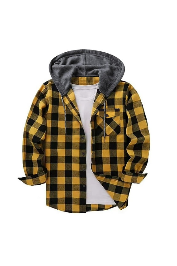 Varsity Men's Jacket Hooded Plaid Yellow Gingham Long Sleeve Casual Shirt Jackets Men Hoodies S
