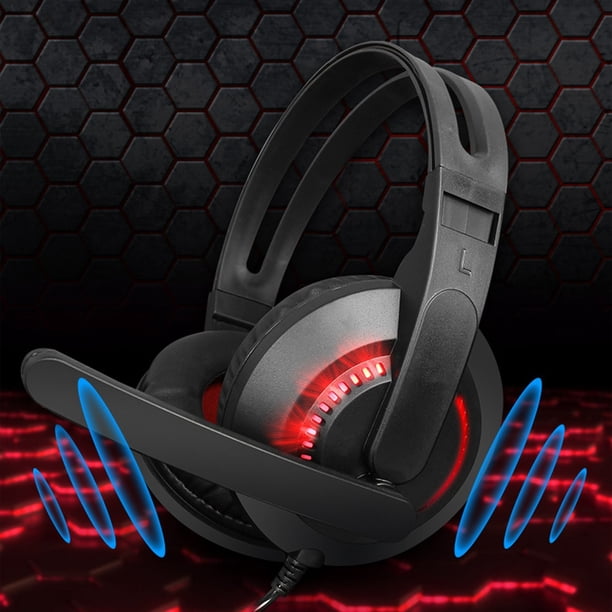 Auriculares luminosos con efecto de luz roja para juegos de ordenador, con micrófono y cable