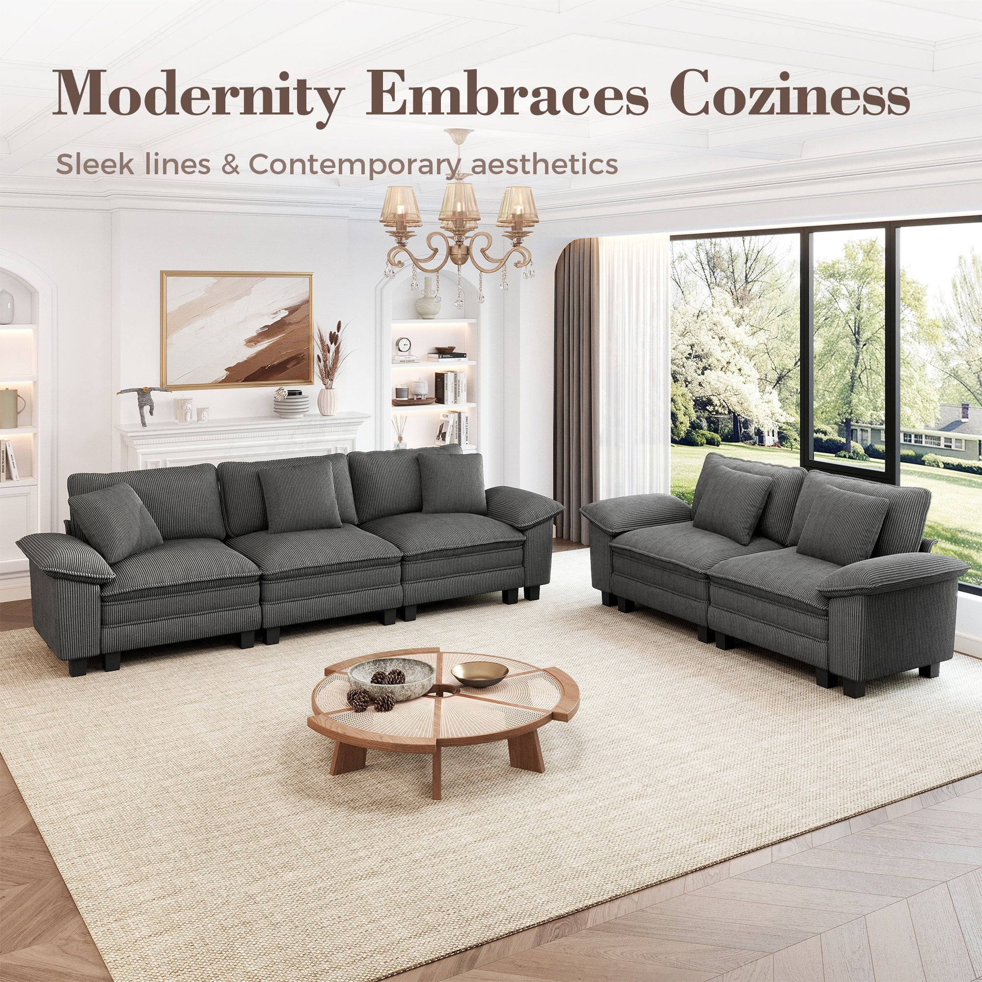 MF Studio Modular Cloud Couch Set, 5-Seater Loveseat and Sofa Set with Removable Armrests, Comfy Corduroy Fabric, Gray