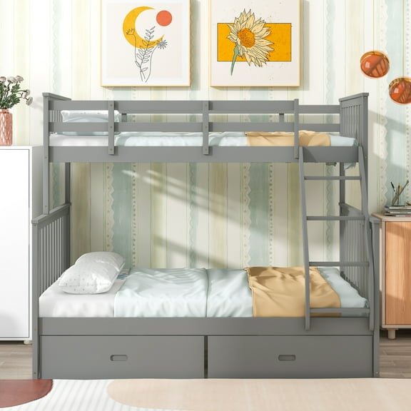 Twin Over Full Bunk Bed With Storage Drawers, Wooden Bunk Bed With Ladder And Safety Guard Rails –Gray