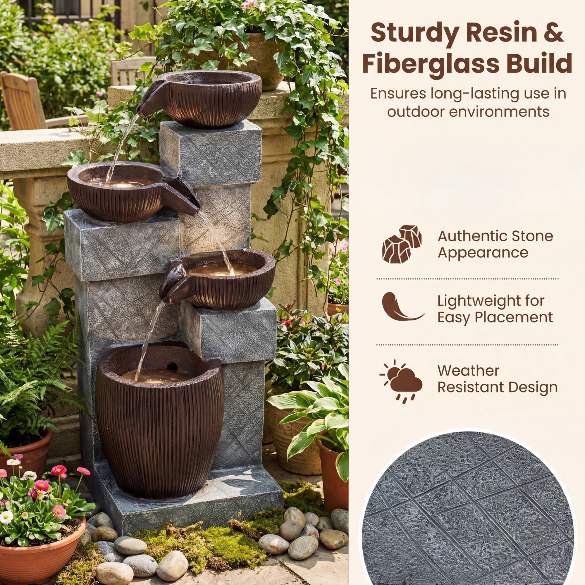 ELLEGNT 32" Outdoor Water Fountain with LED Lights – 4-Tier Cascading Fountain for Patio, Deck, Backyard, Balcony